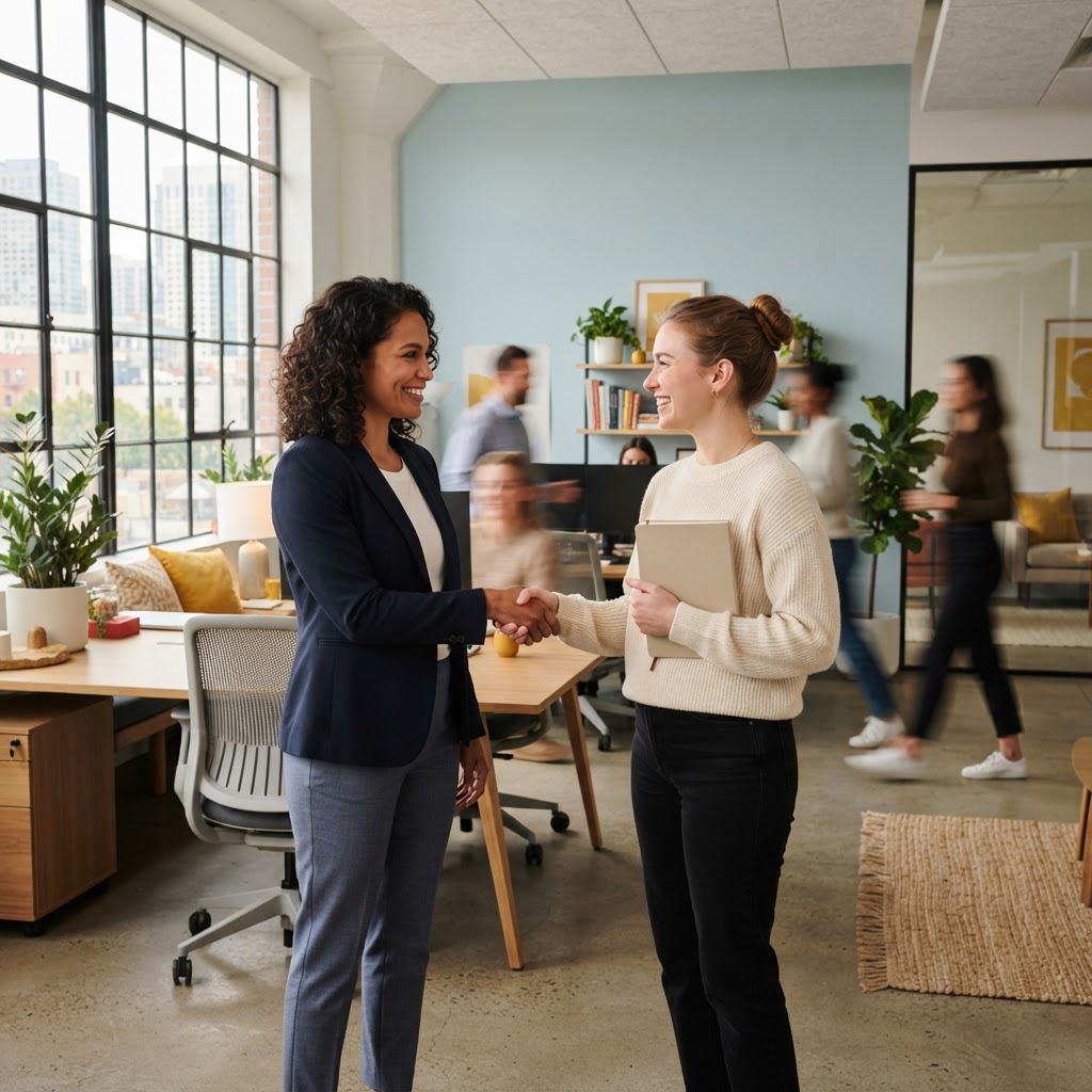 A team leader welcoming a new hire in a bright office