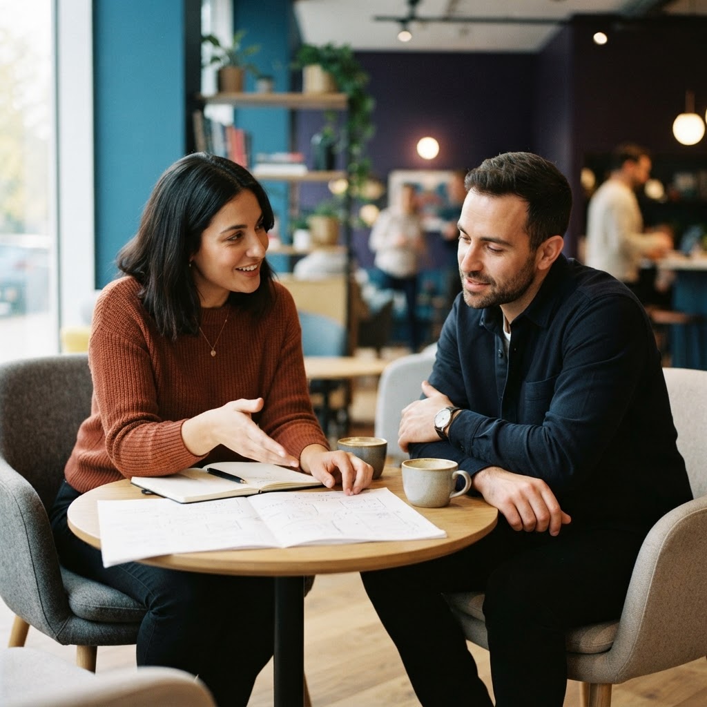 Two colleagues having an engaged conversation at a small table