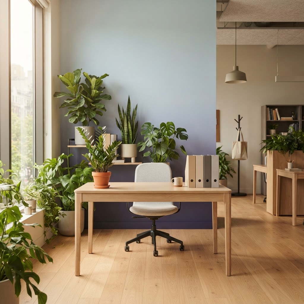 A clean and organized minimalist office workspace desk