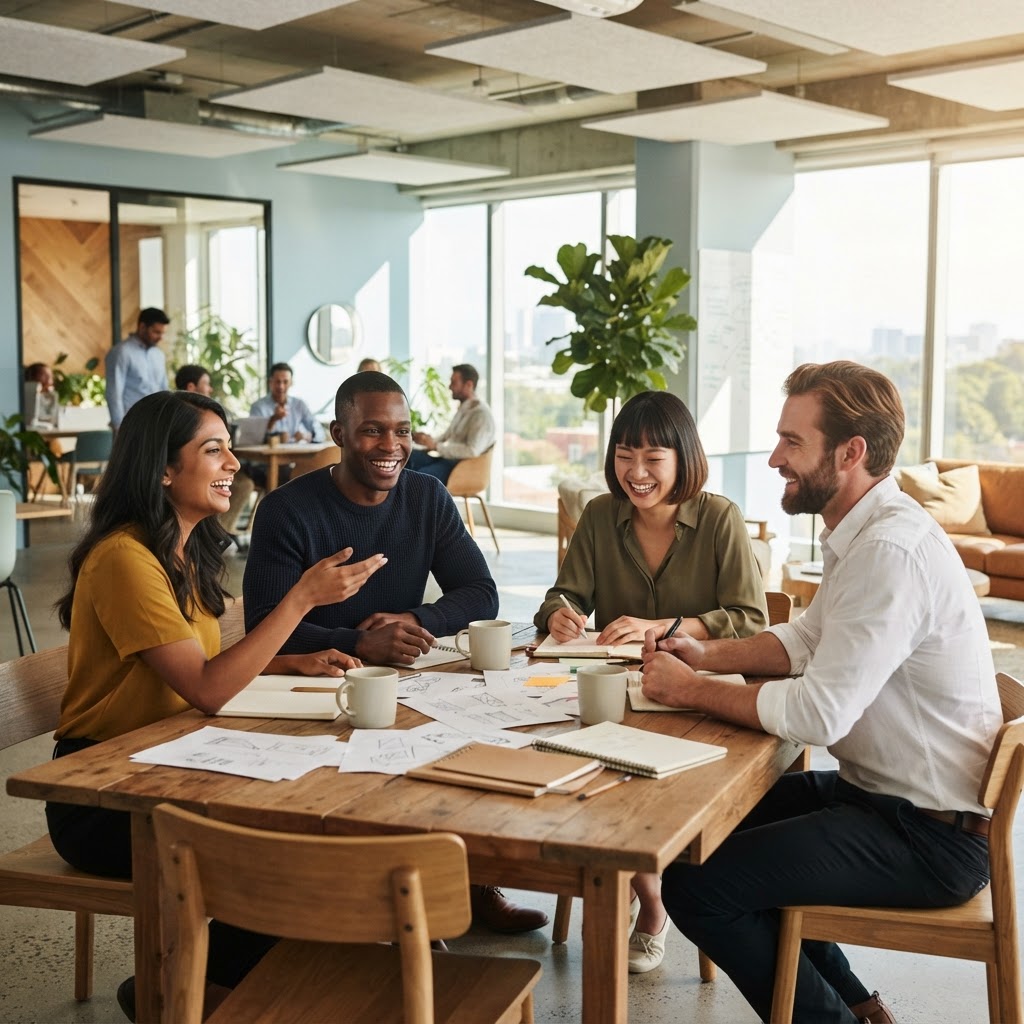 A diverse team collaborating in a bright modern office