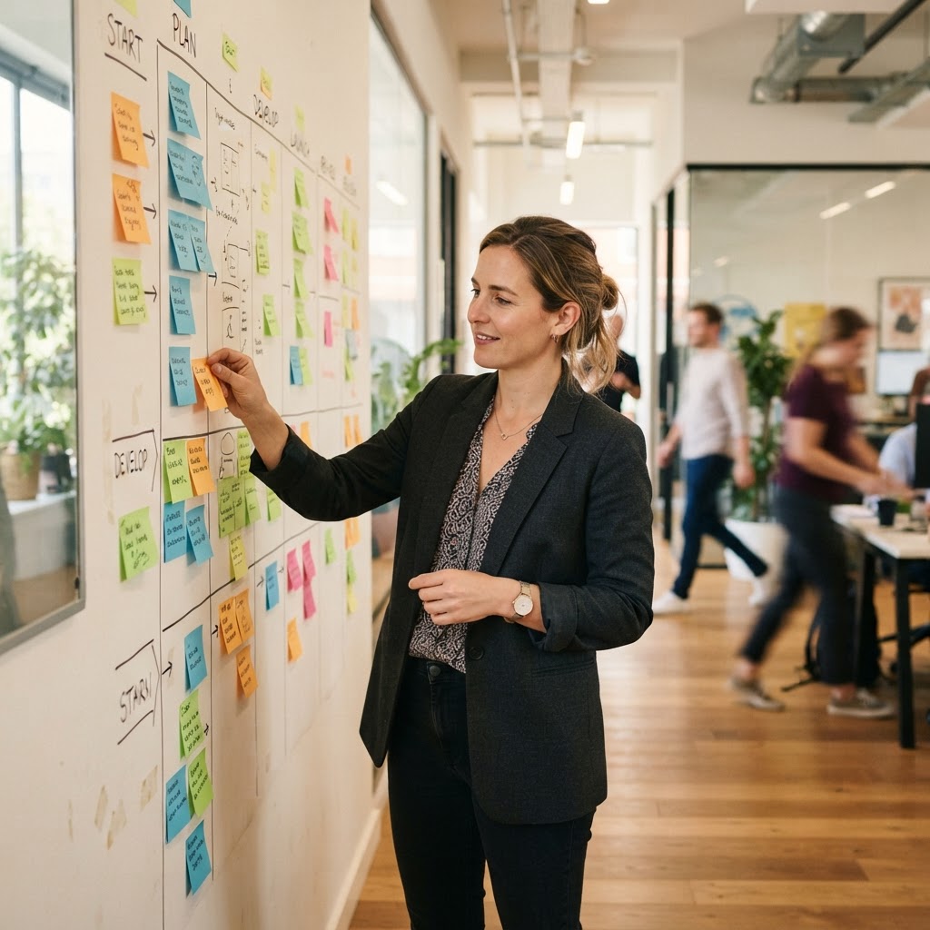A team leader organizing tasks in a modern workspace