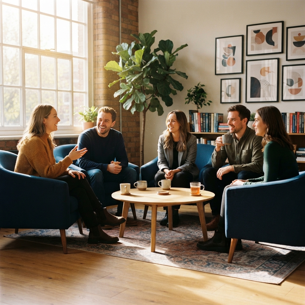 Colleagues having a friendly conversation in a lounge area
