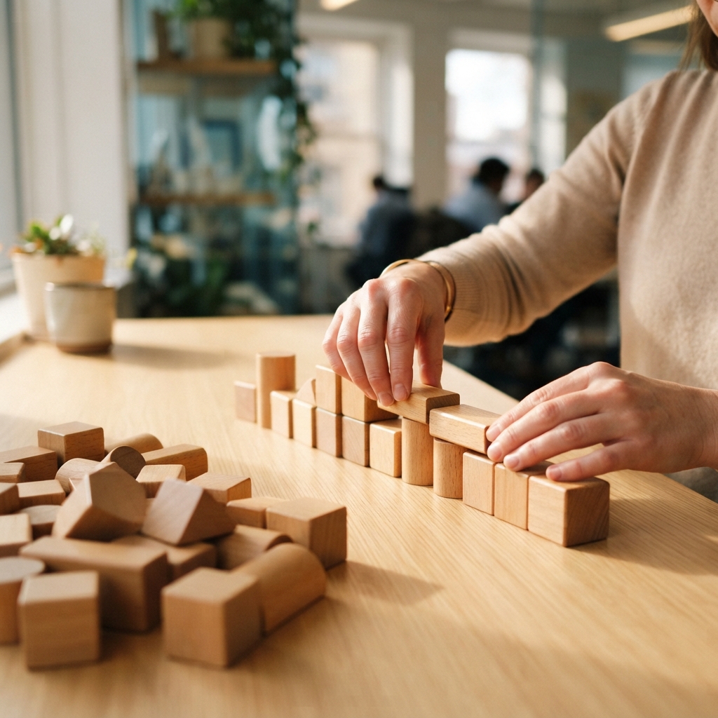 Hands arranging wooden blocks from messy to organized