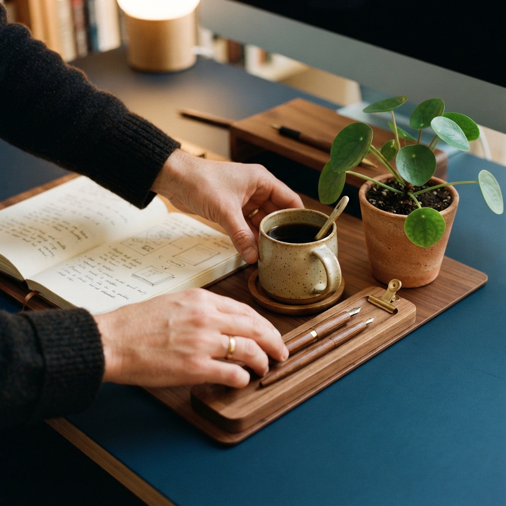 A clean and organized wooden desk space