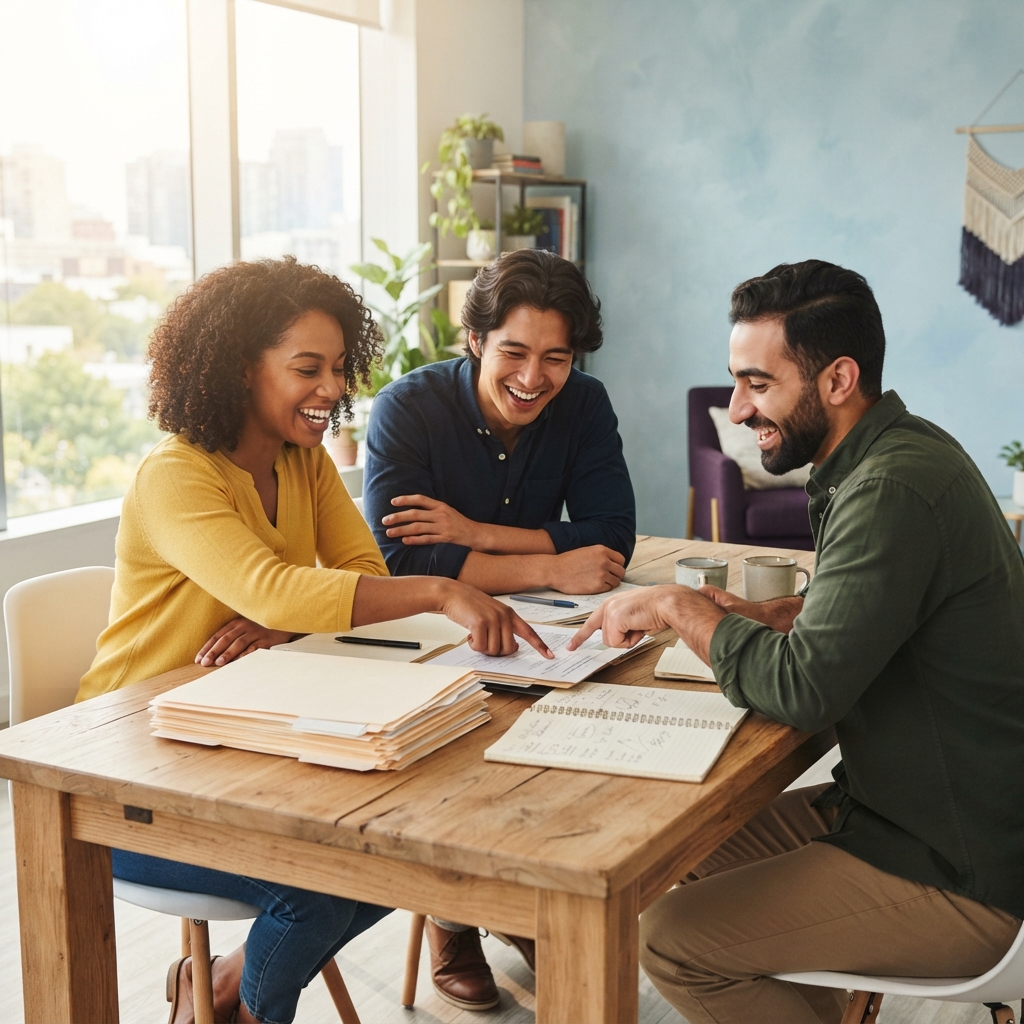 Colleagues collaborating in a sunny modern office space