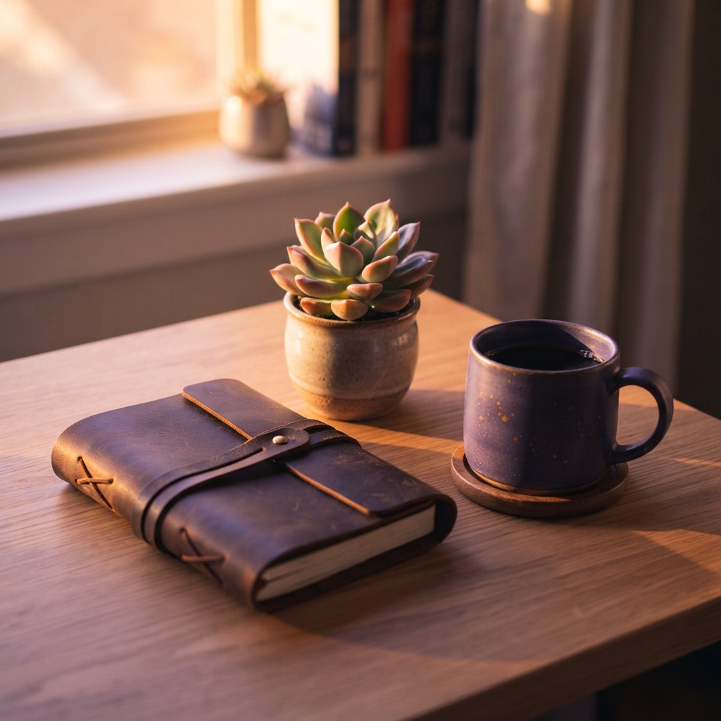 A clean and organized desk with simple personal items
