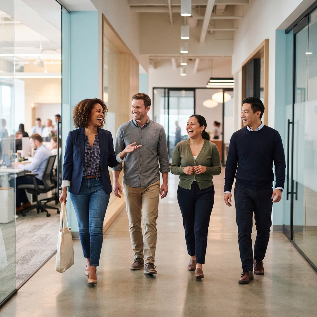 A happy diverse team walking through a modern office