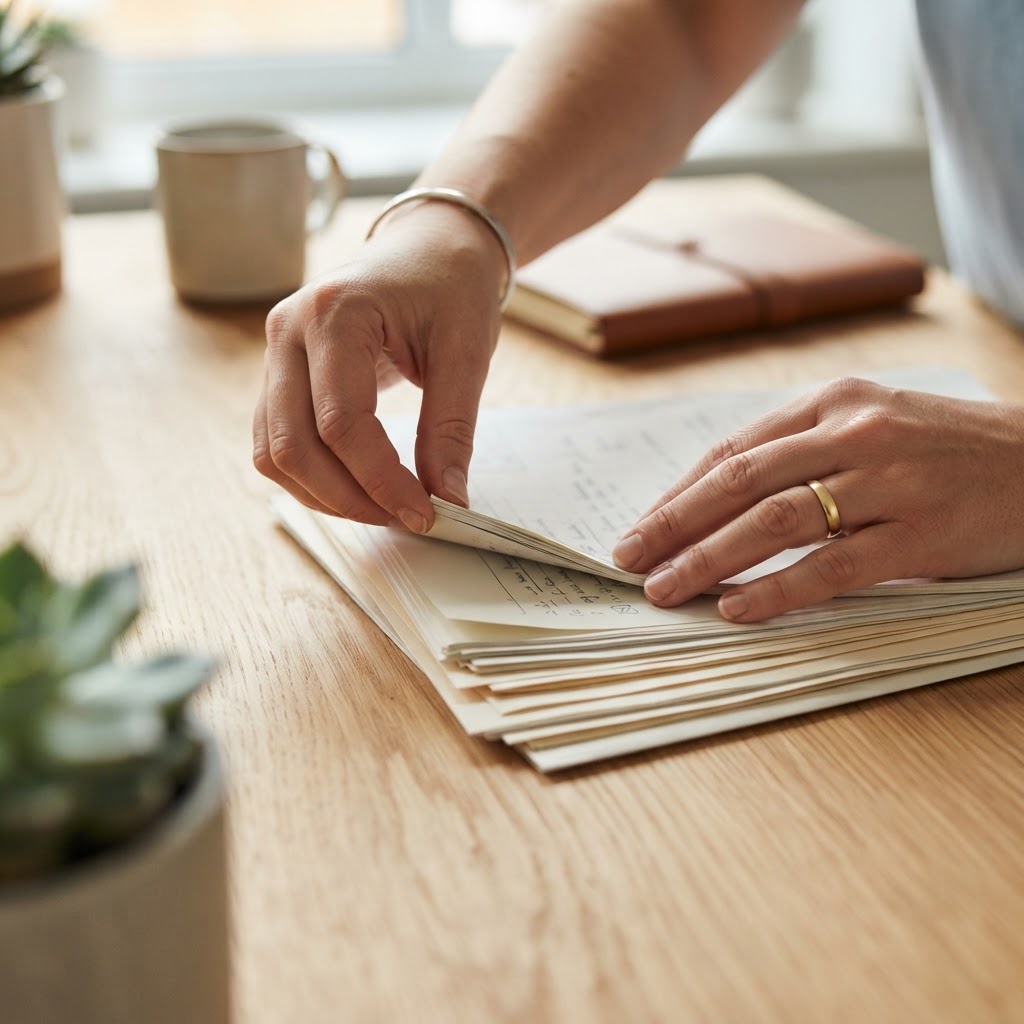 Hands organizing documents neatly on a wooden desk
