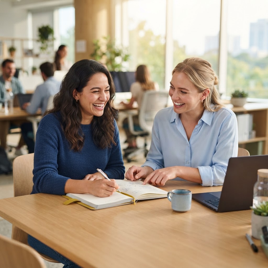 Two colleagues collaborating warmly in a sunlit modern workspace