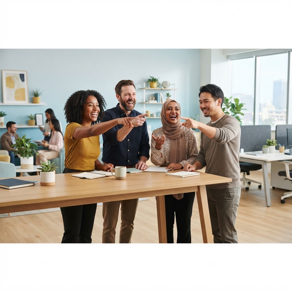 A diverse team laughing and working together in a bright office