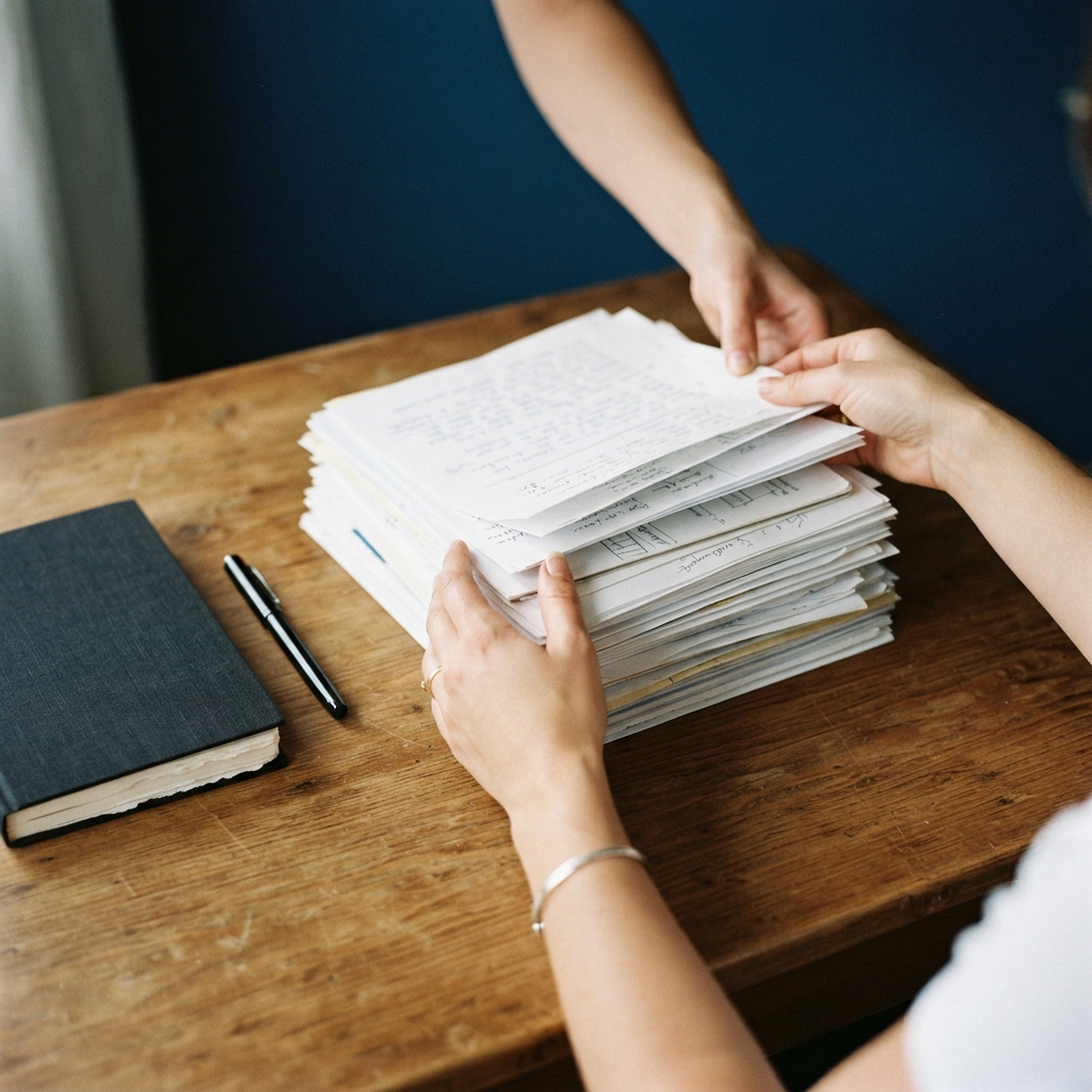 Organizing physical documents into a neat stack on a desk