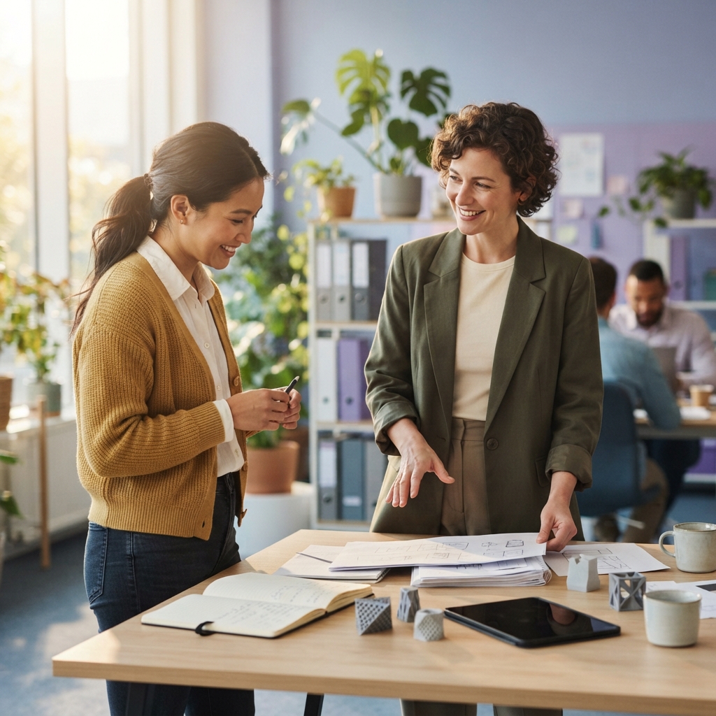 Two colleagues collaborating in a bright modern office