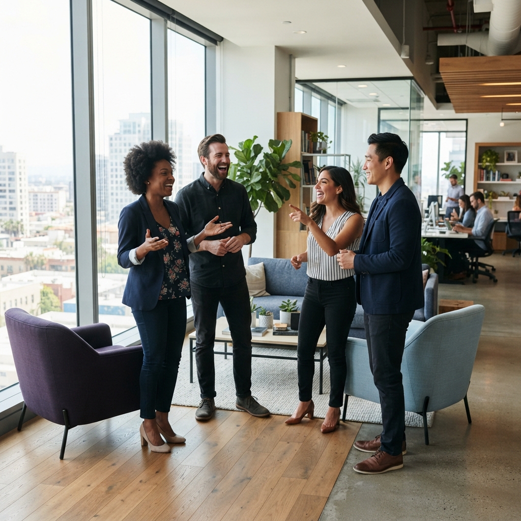 Diverse team collaborating in a bright, modern office