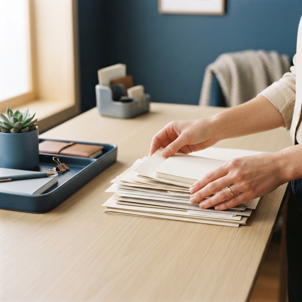 Hands organizing physical paperwork on a clean desk