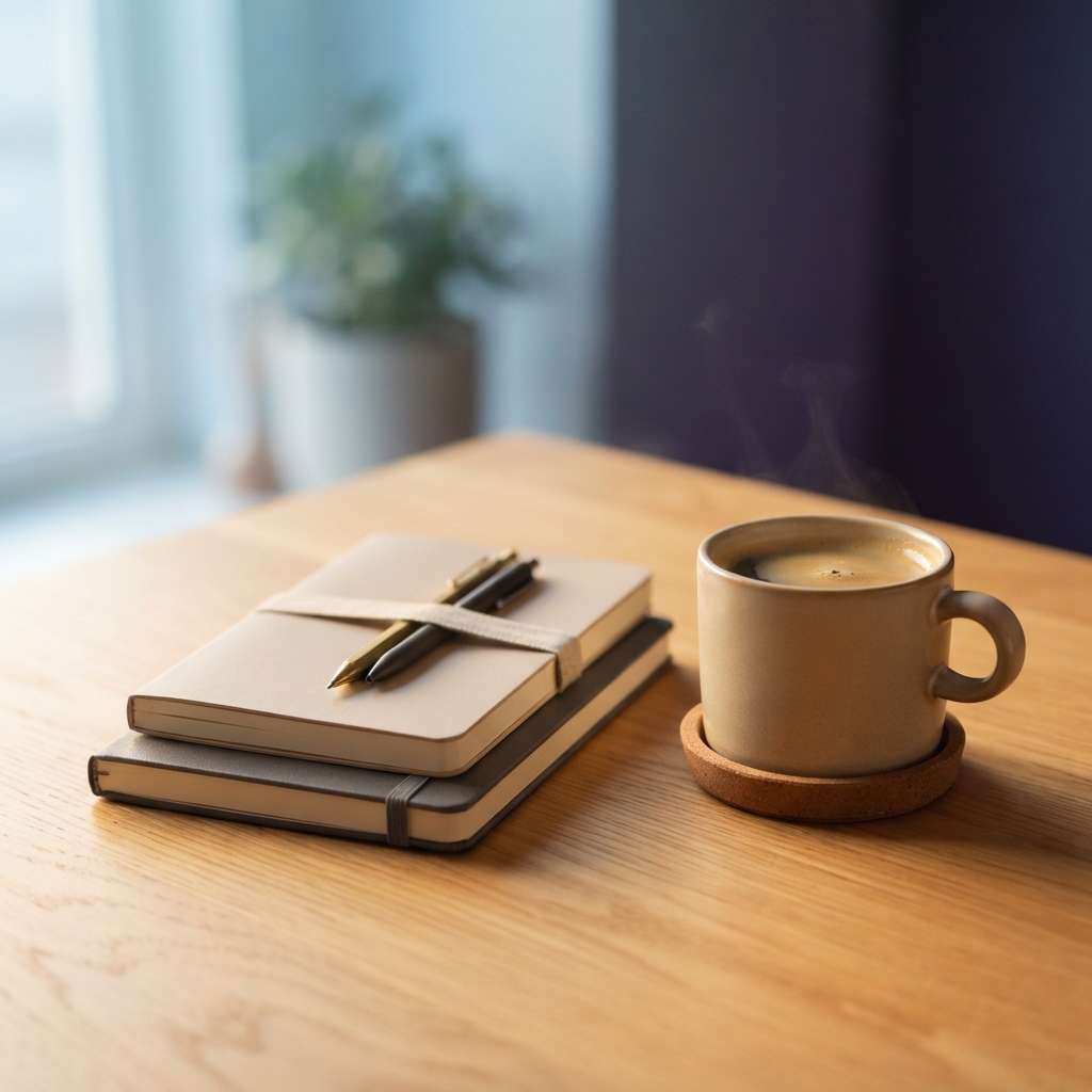 Clean and organized workspace with coffee