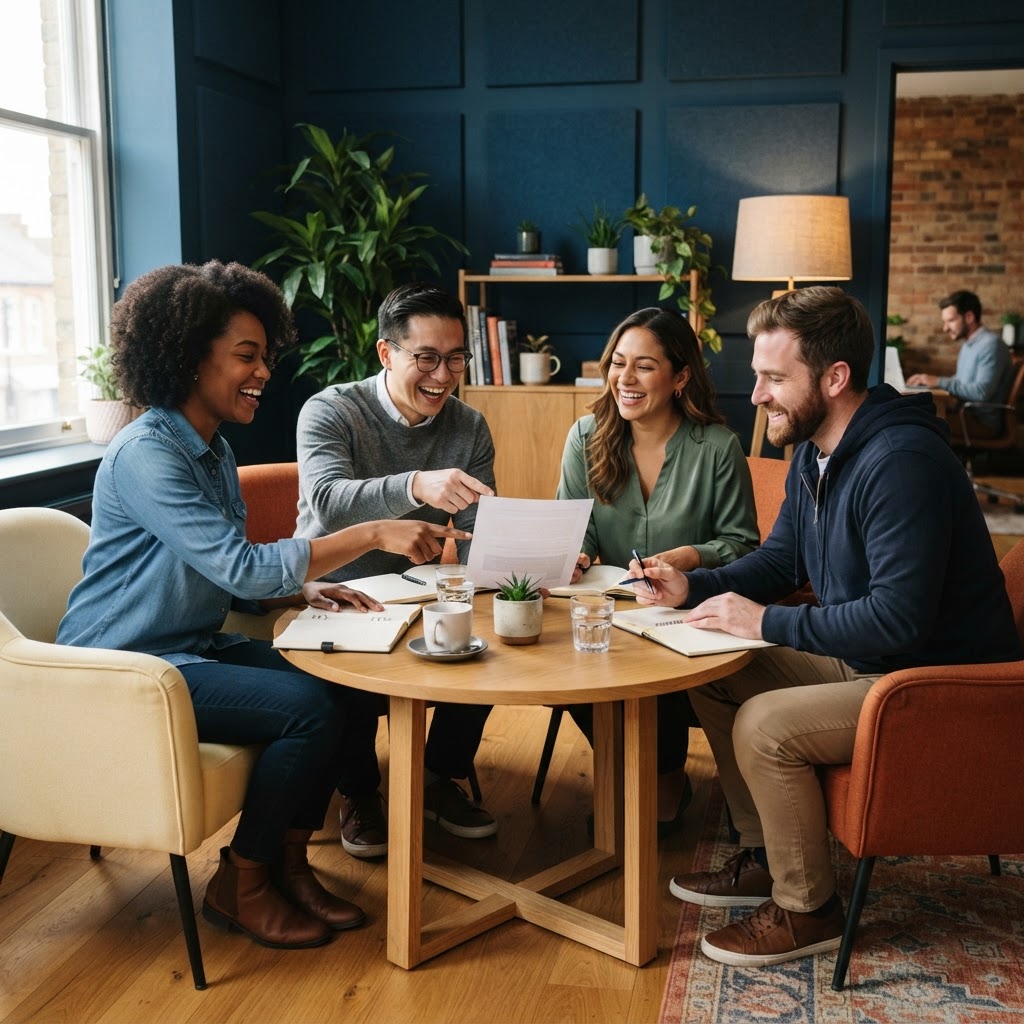 Small team laughing together in a creative meeting
