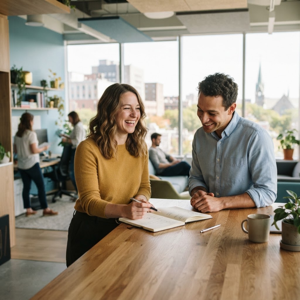 Two colleagues collaborating in a bright modern office
