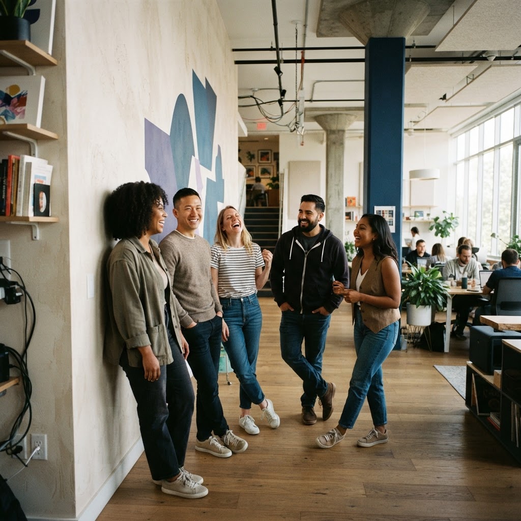 A small team of coworkers laughing together in a modern office
