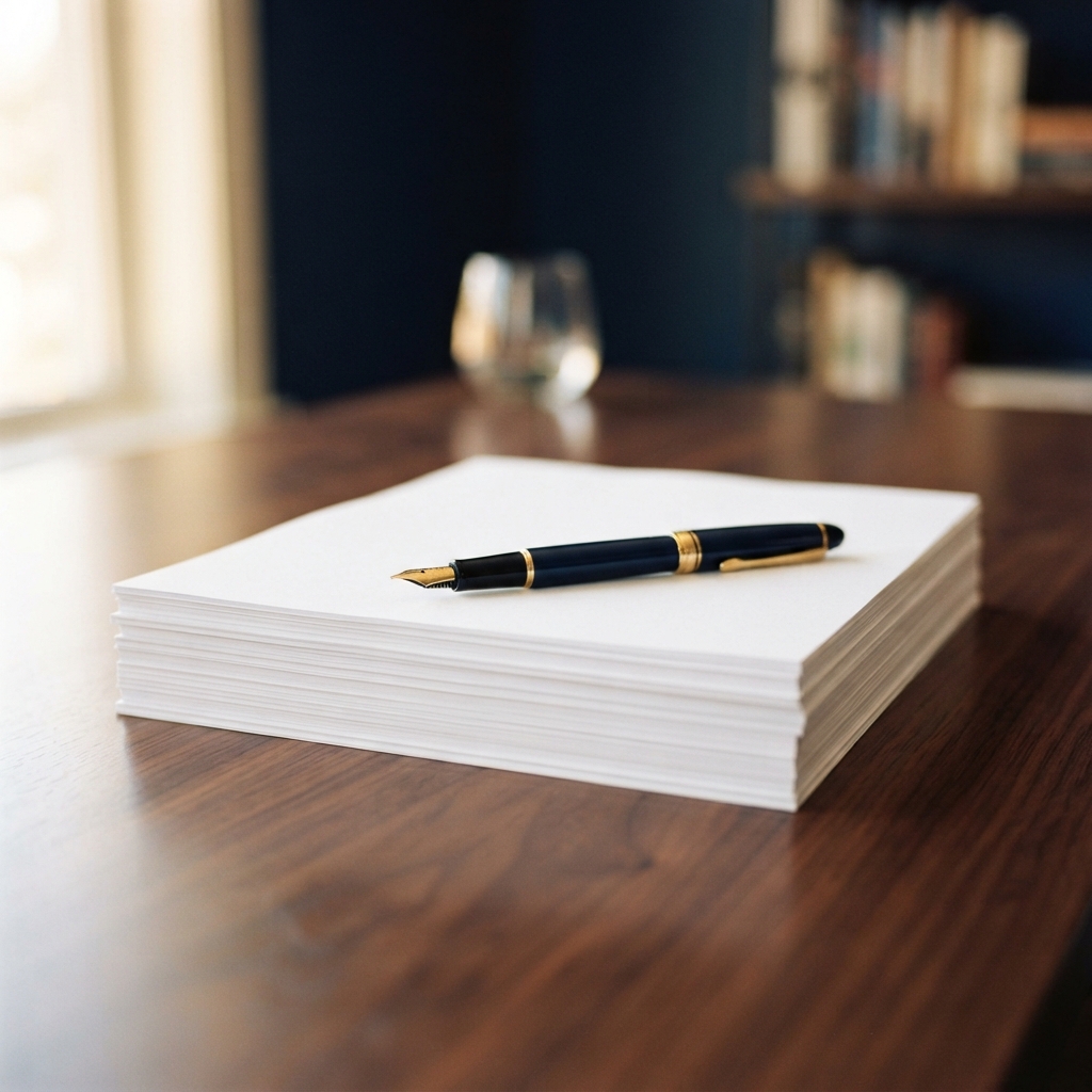 Neatly organized paper documents and a pen on a desk