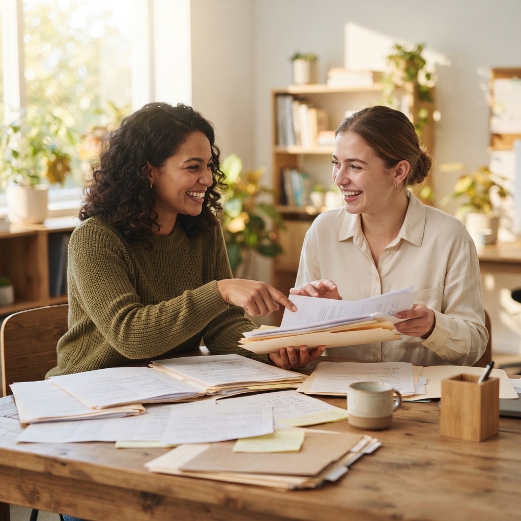 Two colleagues collaborating over paper files in a sunlit office