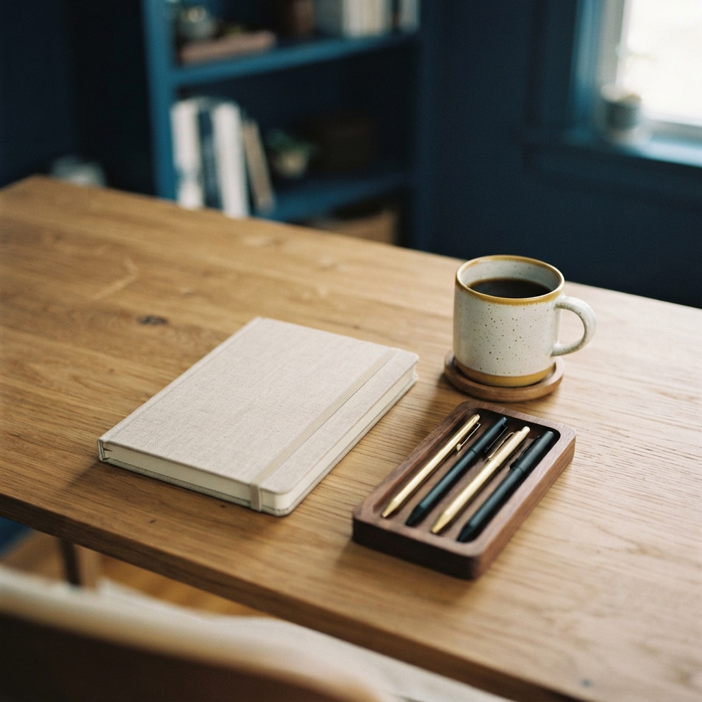 A clean and organized wooden desk workspace