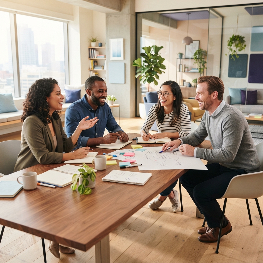 A happy team collaborating in a modern sunlit office