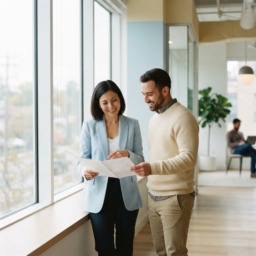 Two colleagues having a relaxed conversation in a modern office