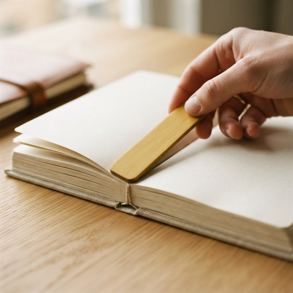 Hand placing a golden bookmark in a document
