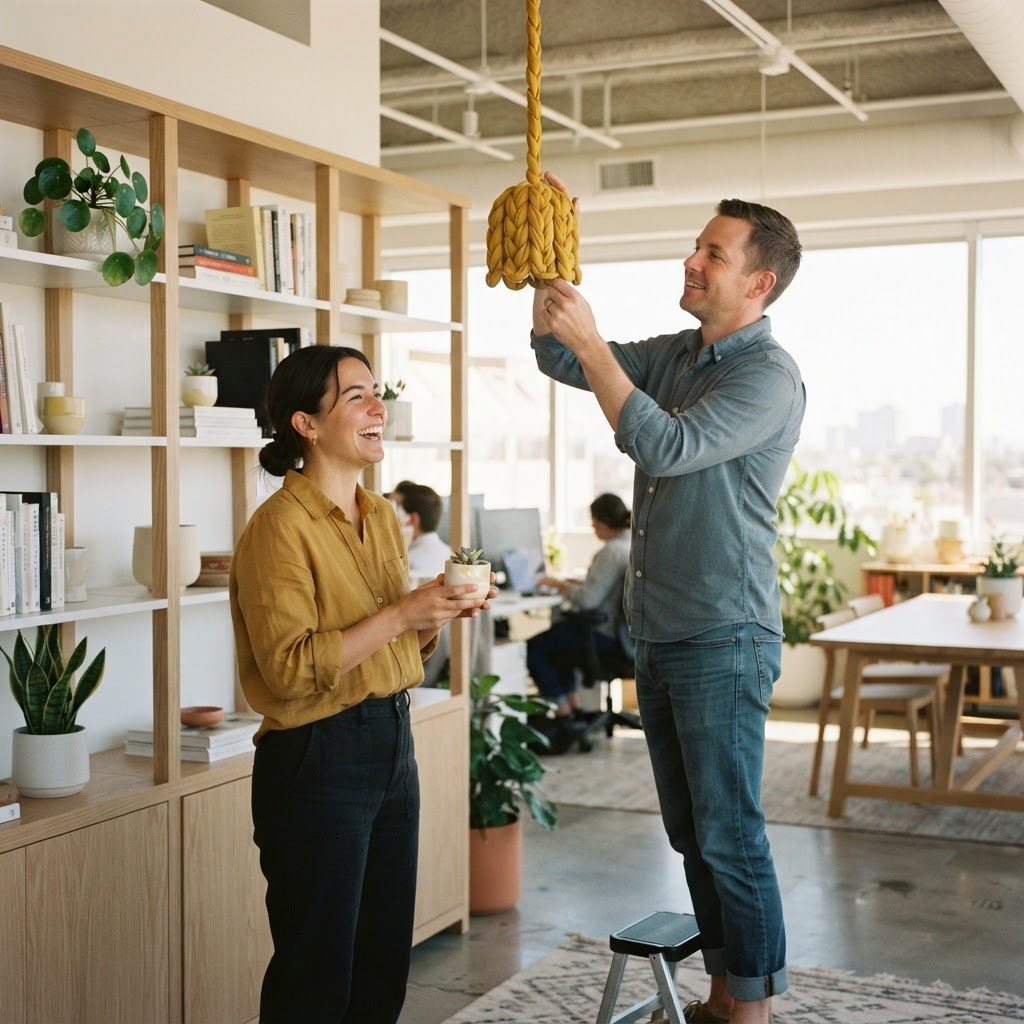 Two colleagues collaborating in a sunny modern office