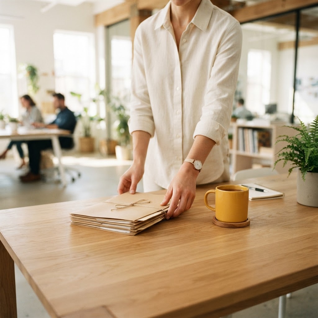 Clean office desk with organized folders and a mug