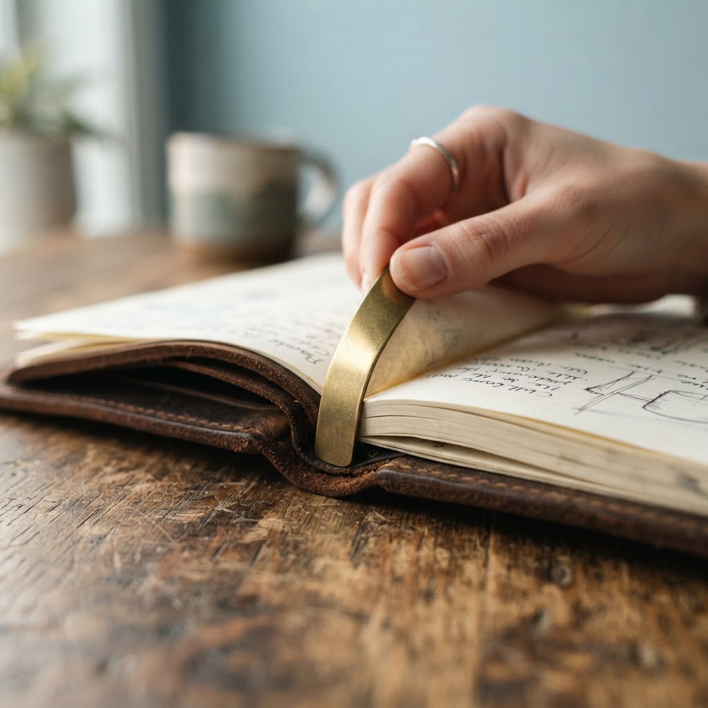 Close up of a leather notebook and brass bookmark