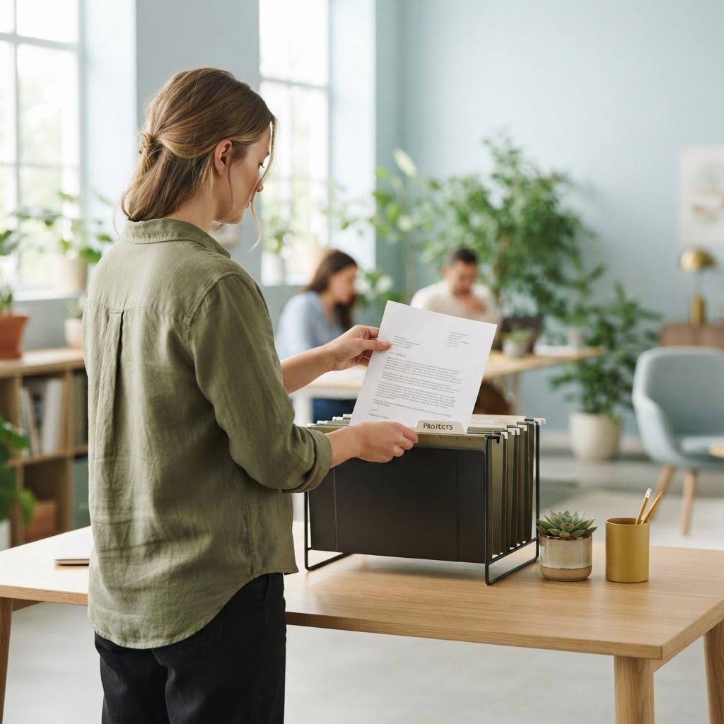 Person filing physical documents in a modern office