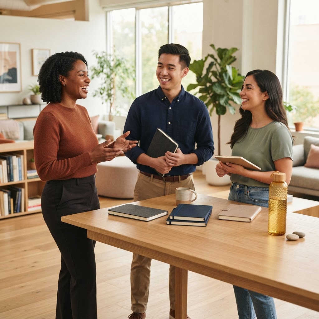Small team chatting around a tidy office table