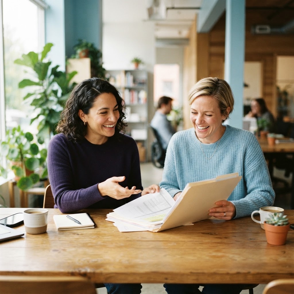 Founder and ops lead collaborating in a bright office