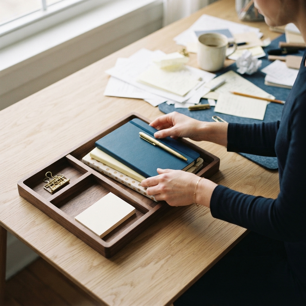 Hands organizing notebooks on a clean wooden desk