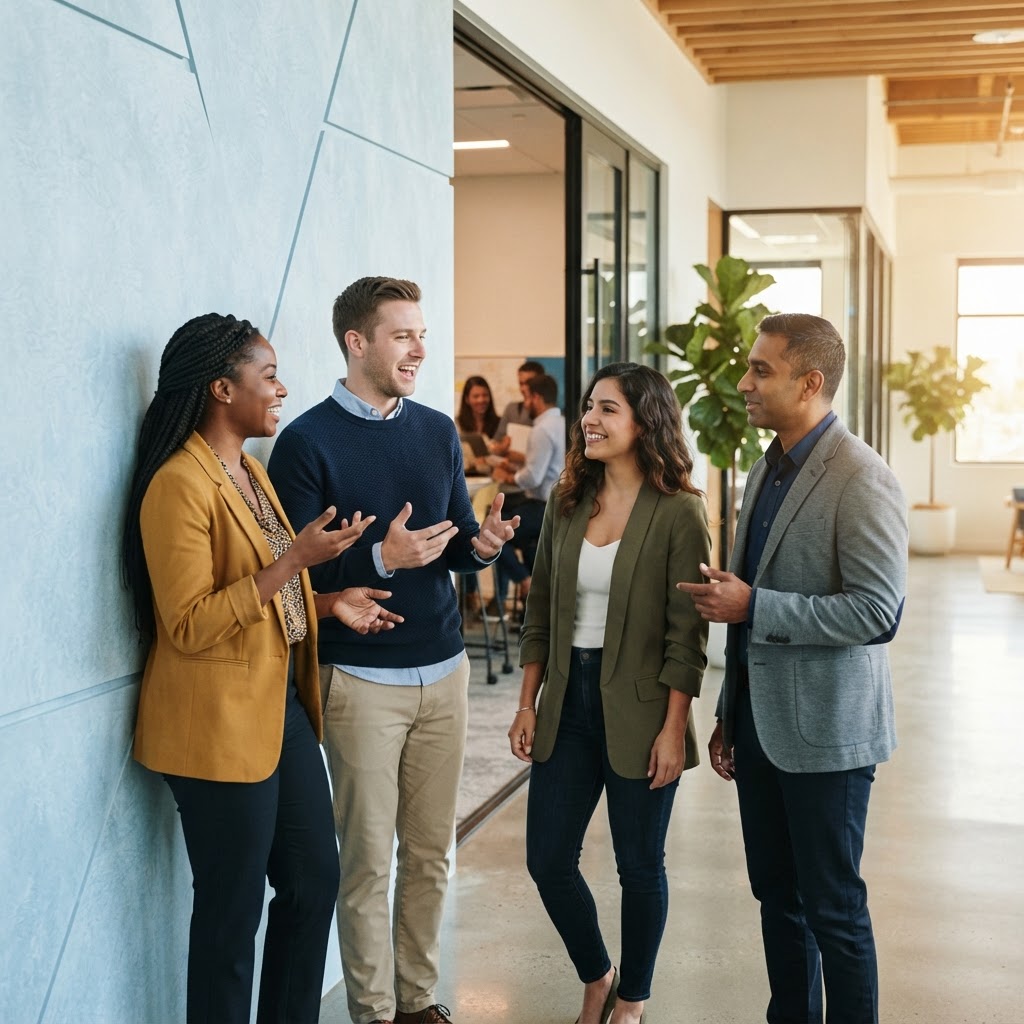 Team members talking together in a bright office hallway