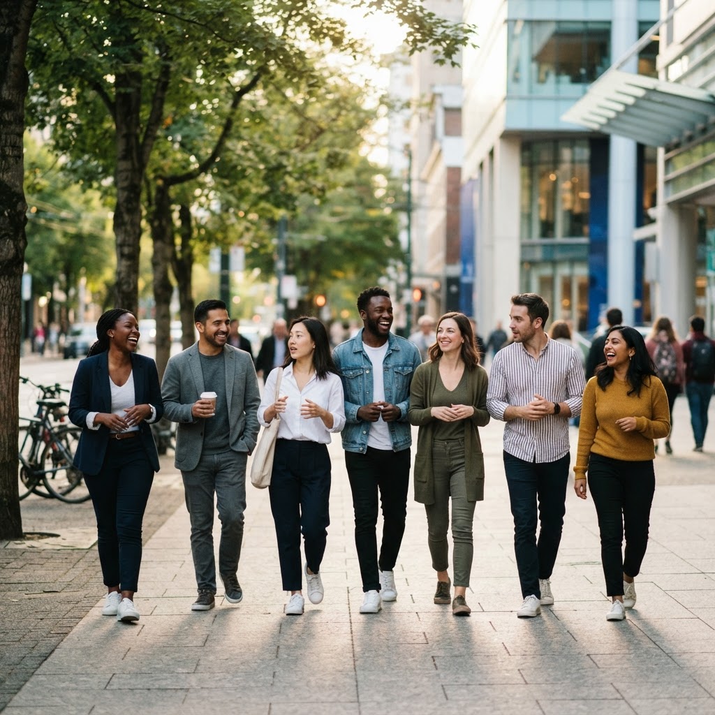 Diverse team walking and laughing outdoors in the city