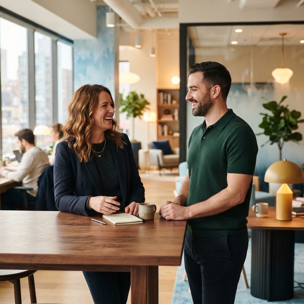 Founder and operations lead collaborating in a sunlit office