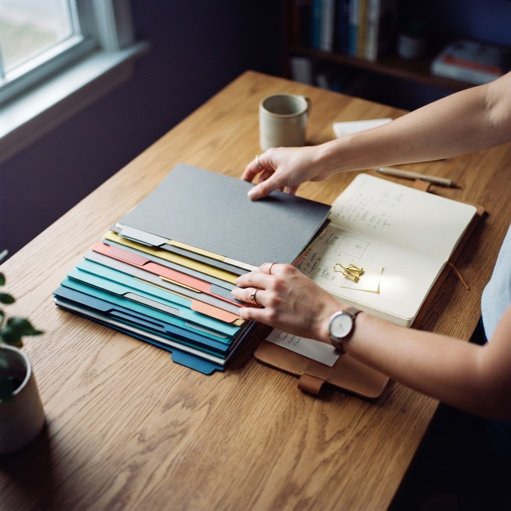 Hands organizing physical files on a clean wooden desk