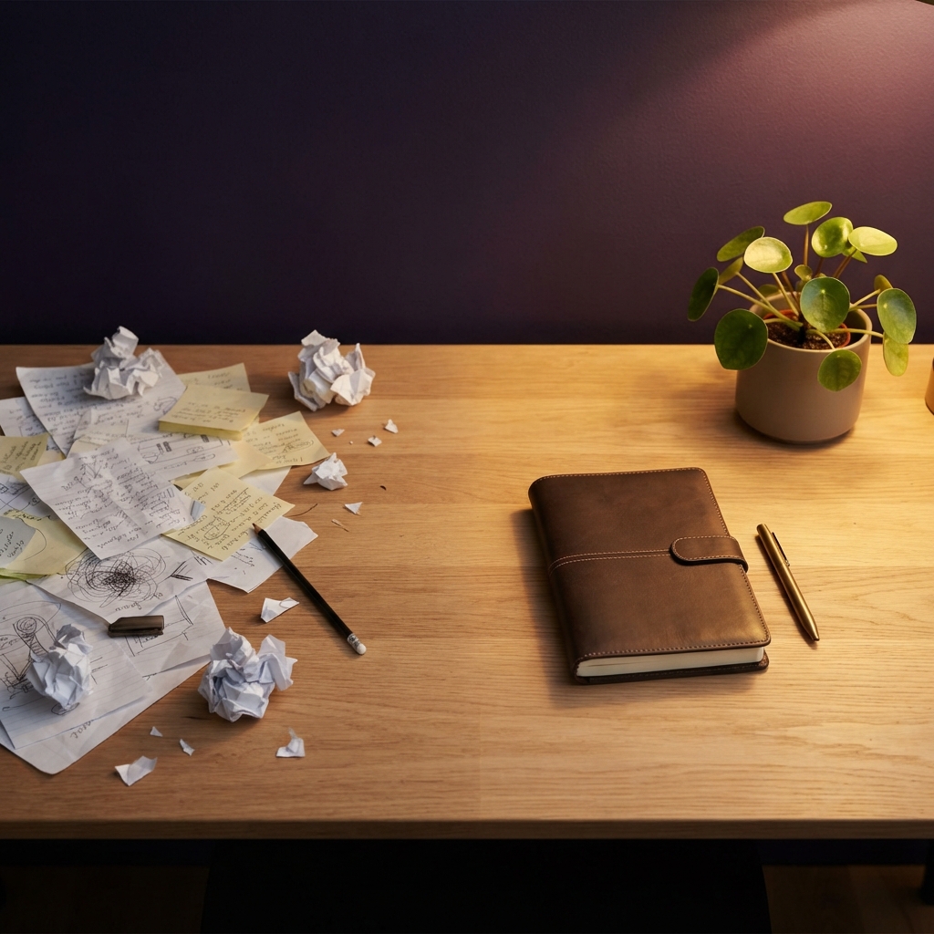 A desk transitioning from cluttered papers to organized workspace