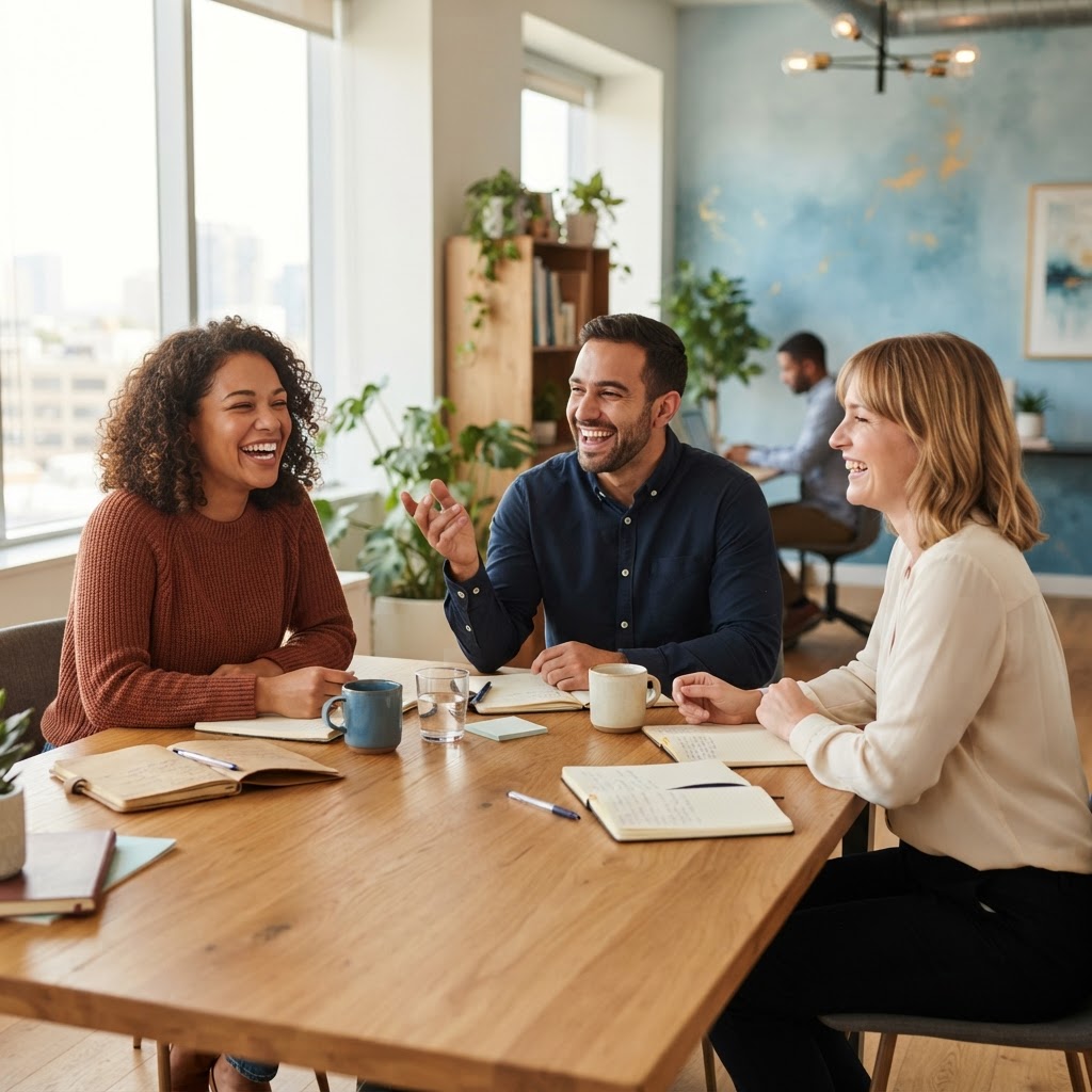 A diverse team collaborating and laughing in a bright office