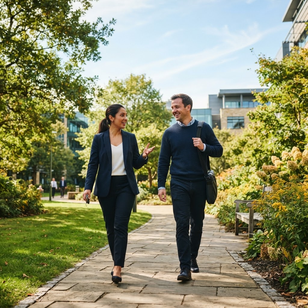 Two colleagues walking and talking together outdoors