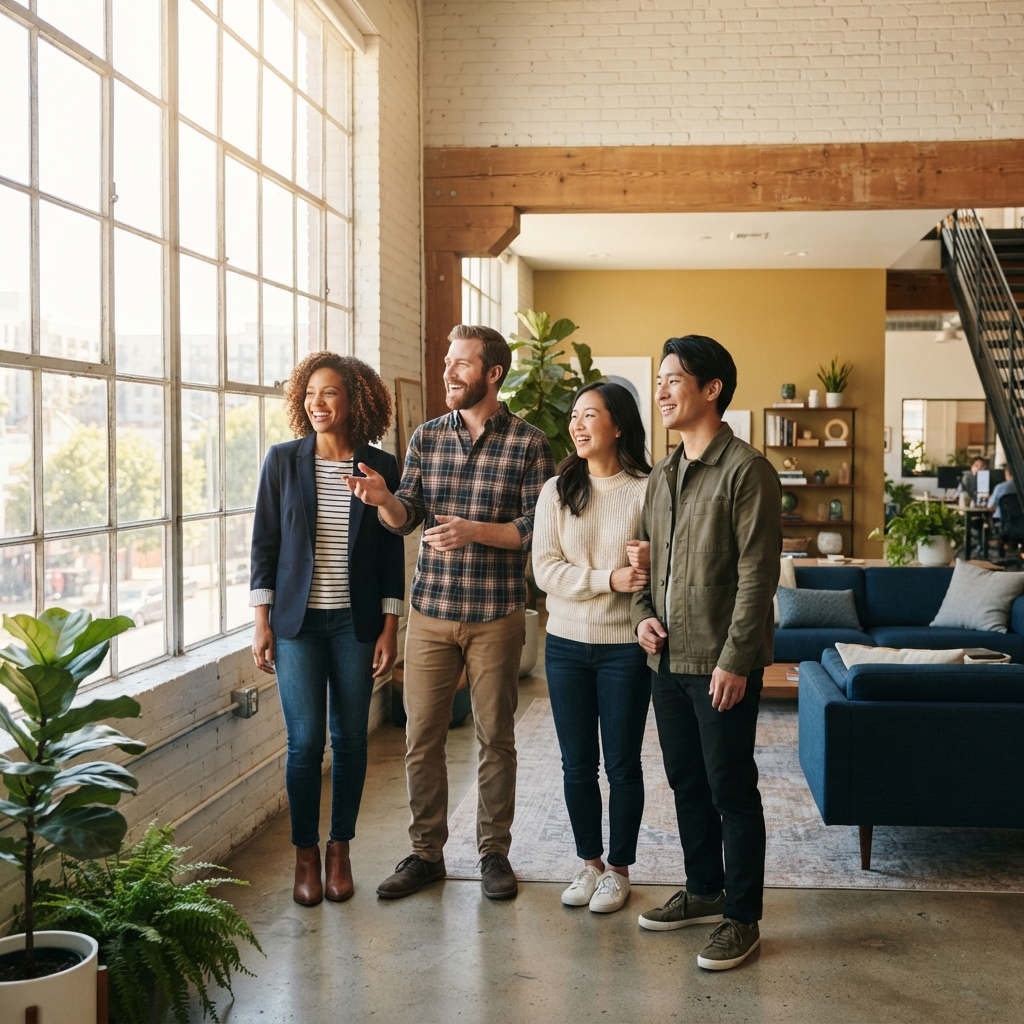A happy diverse team collaborating in a bright office