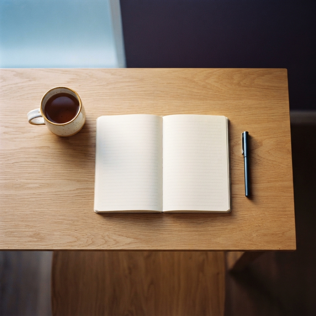 Clean minimalist desk workspace with organized items