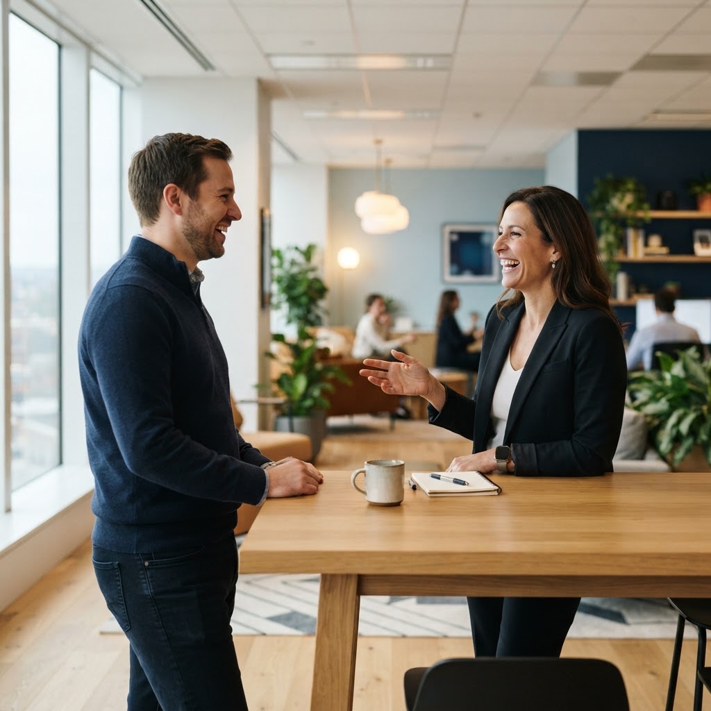 Two colleagues collaborating in a bright modern office