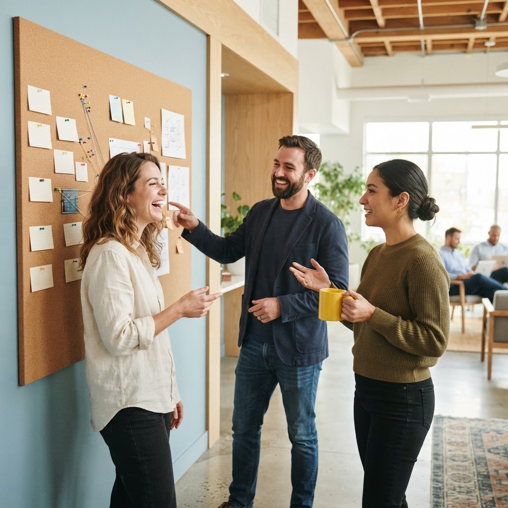 Diverse team laughing and collaborating in a bright modern office