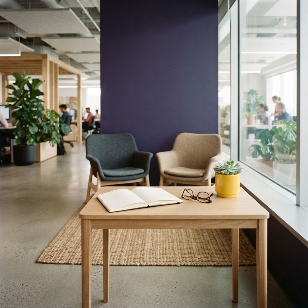 Minimalist sunlit meeting nook with modern office accessories