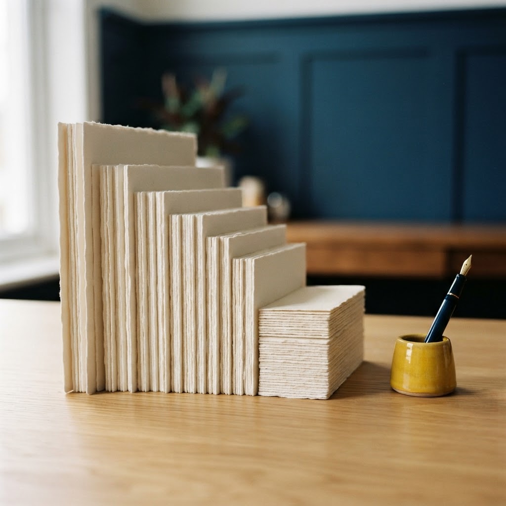 Organized paper cards on a wooden desk with yellow accent