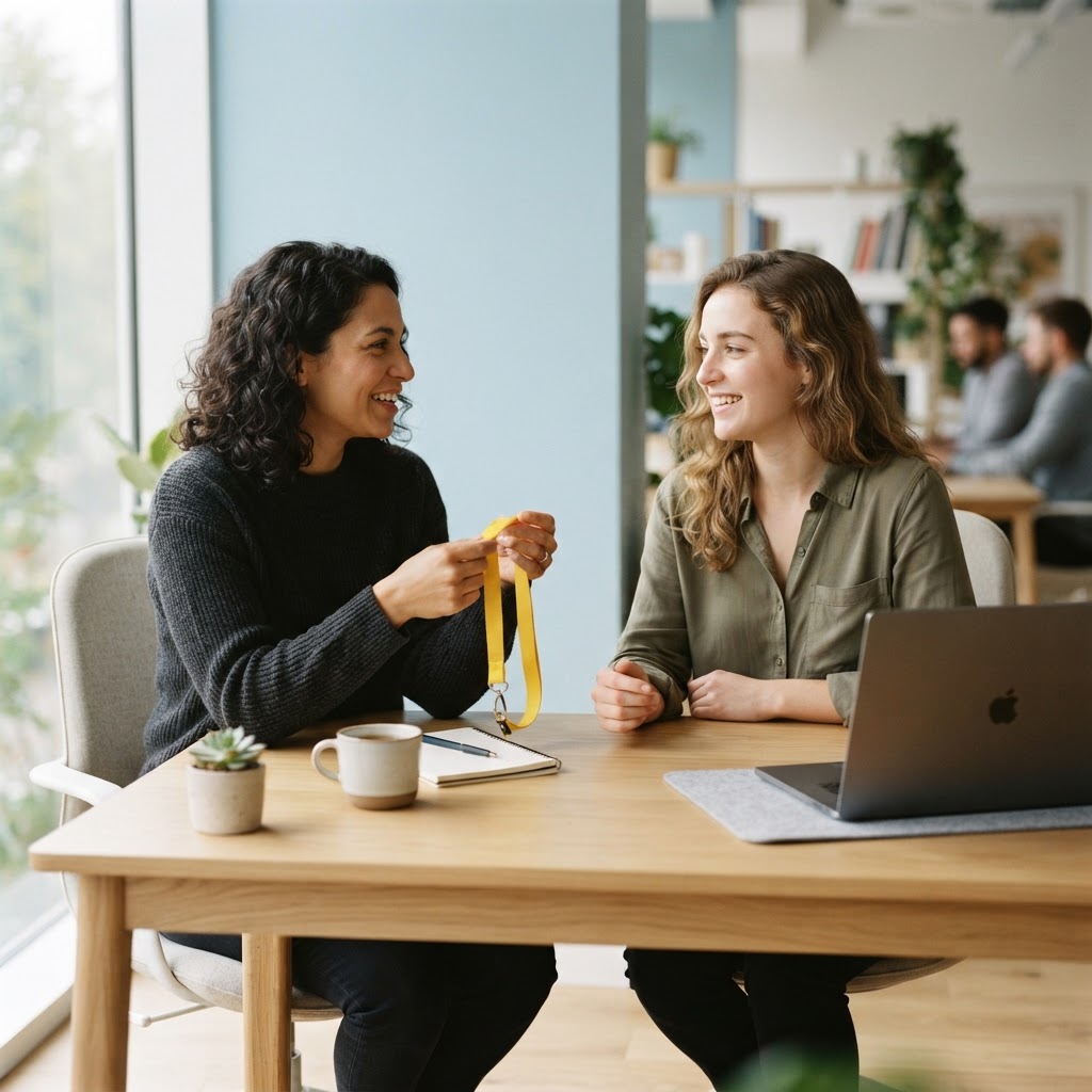 Two colleagues having an easy conversation in a bright office