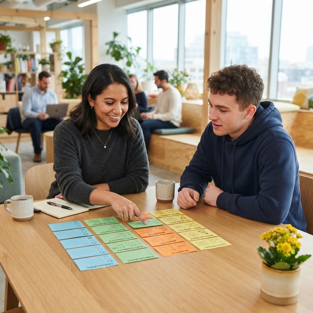 Colleagues working together with index cards